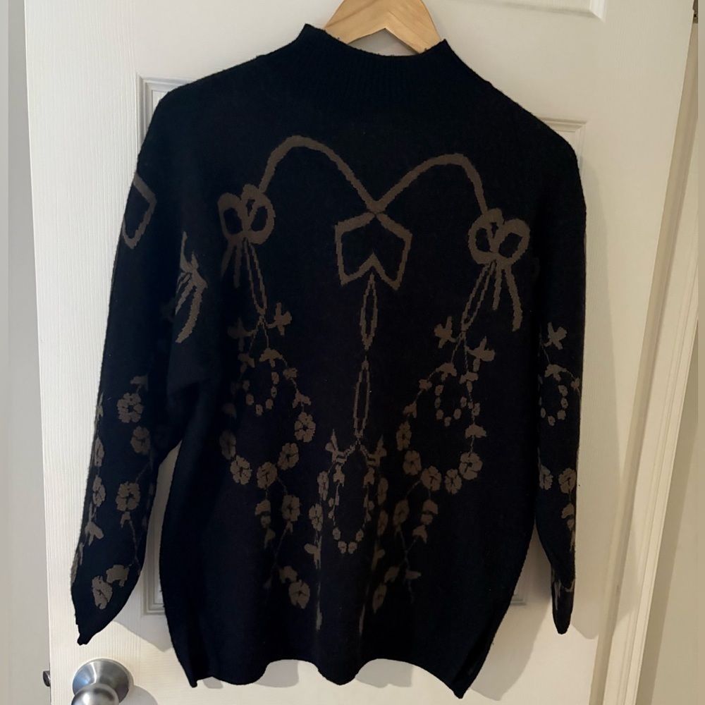 Vintage wool blend black bow sweater mock neck size medium black taupe